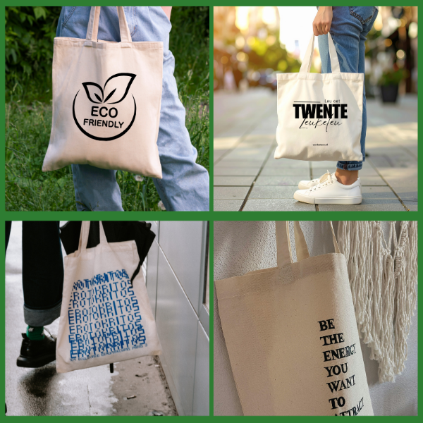 voorbeelden van tassen met 1 kleur bedrukt op een neurtrale ecru tas 